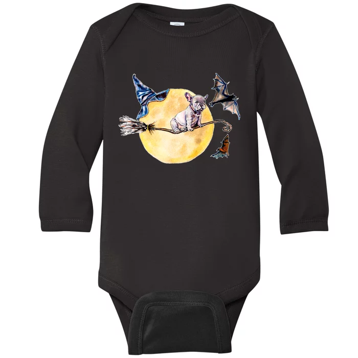 Cute Halloween Water Color Puppy On Witch Broom Baby Long Sleeve Bodysuit