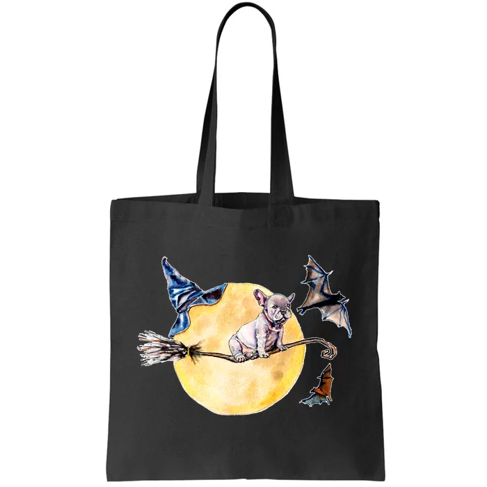 Cute Halloween Water Color Puppy On Witch Broom Tote Bag