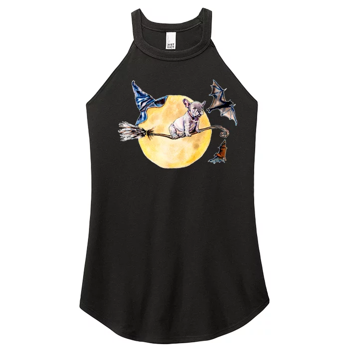 Cute Halloween Water Color Puppy On Witch Broom Women’s Perfect Tri Rocker Tank