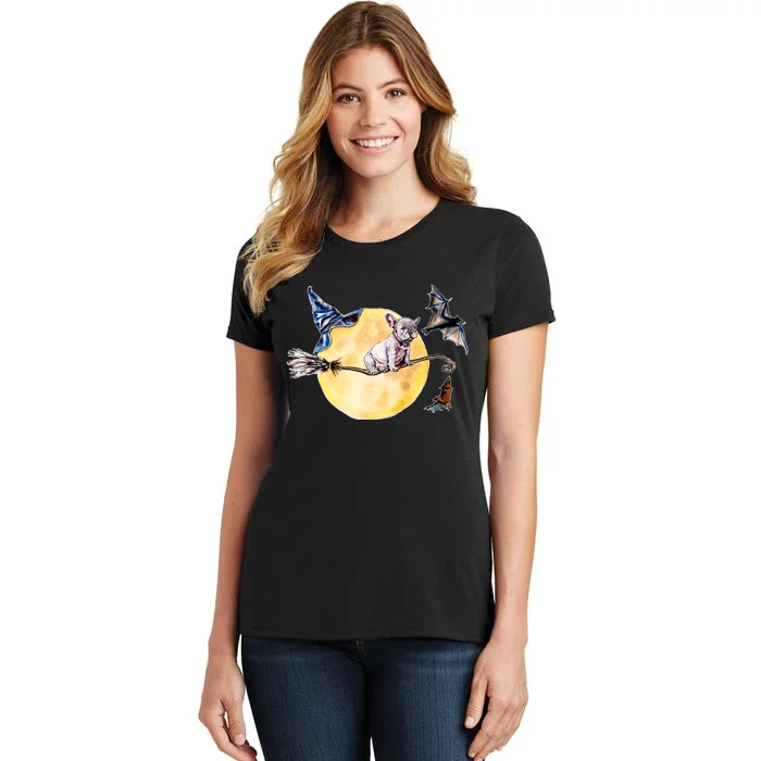 Cute Halloween Water Color Puppy On Witch Broom Women's T-Shirt