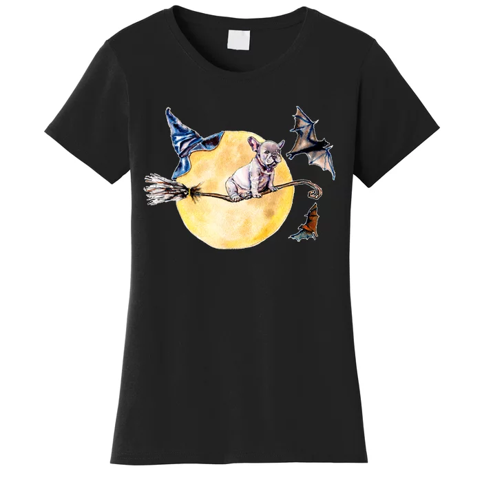 Cute Halloween Water Color Puppy On Witch Broom Women's T-Shirt