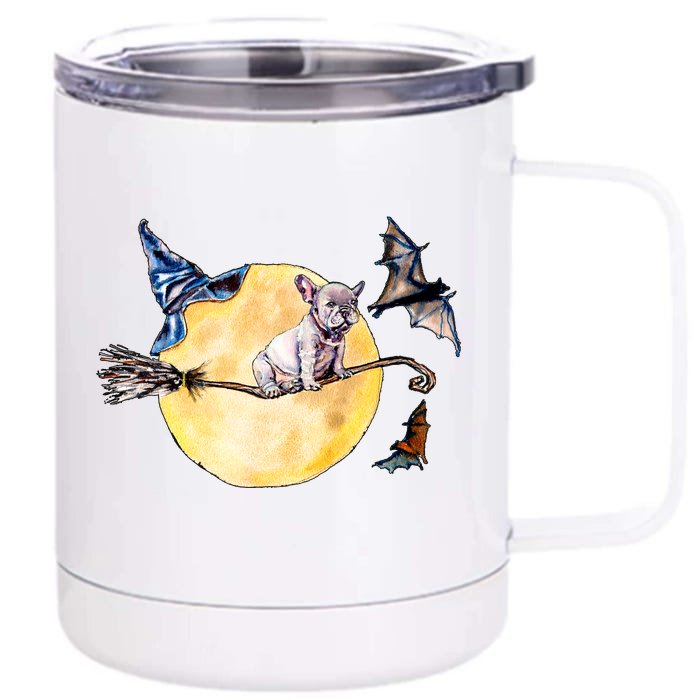 Cute Halloween Water Color Puppy On Witch Broom Front & Back 12oz Stainless Steel Tumbler Cup