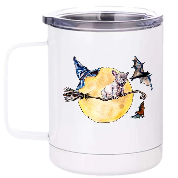 Cute Halloween Water Color Puppy On Witch Broom Front & Back 12oz Stainless Steel Tumbler Cup