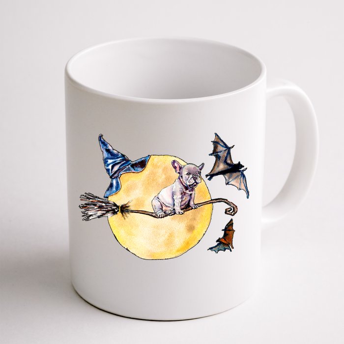 Cute Halloween Water Color Puppy On Witch Broom Front & Back Coffee Mug