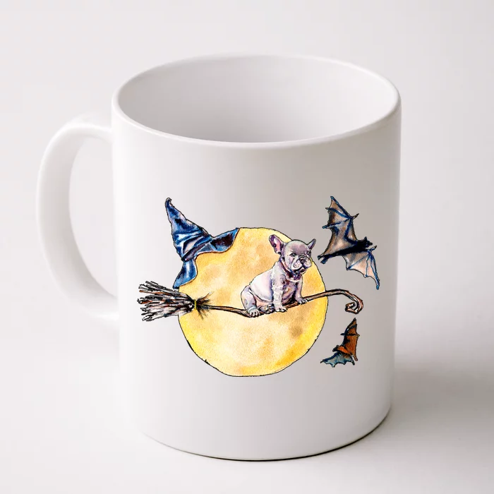 Cute Halloween Water Color Puppy On Witch Broom Front & Back Coffee Mug