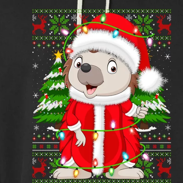 Cute Hedgehog Xmas Style Ugly Santa Hedgehog Christmas Gift Garment-Dyed Fleece Hoodie