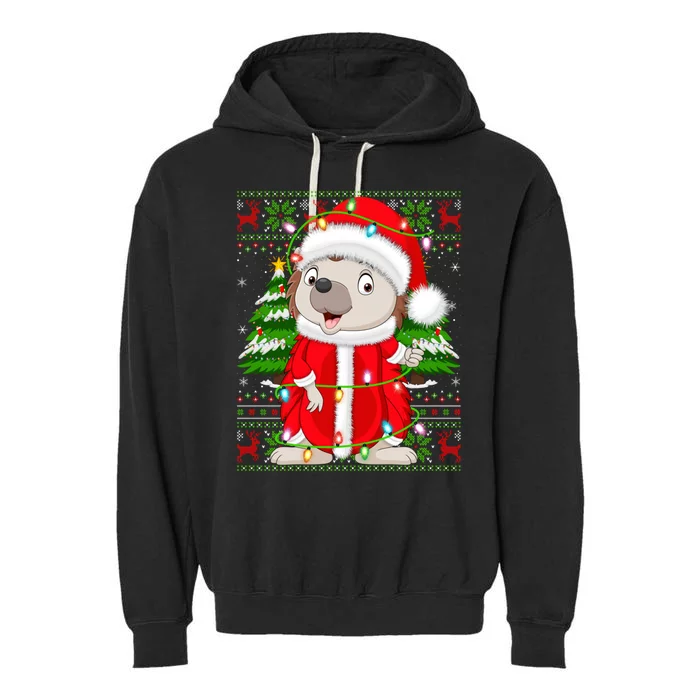 Cute Hedgehog Xmas Style Ugly Santa Hedgehog Christmas Gift Garment-Dyed Fleece Hoodie