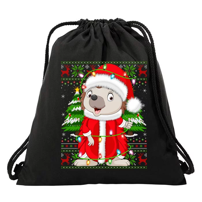 Cute Hedgehog Xmas Style Ugly Santa Hedgehog Christmas Gift Drawstring Bag