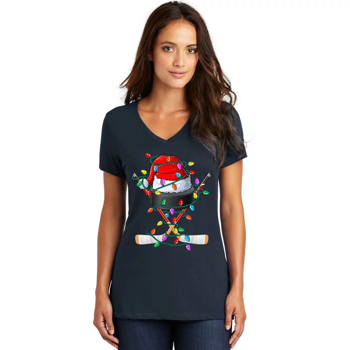 Christmas Hockey Xmas Santa Sports Hat Ball Women's V-Neck T-Shirt