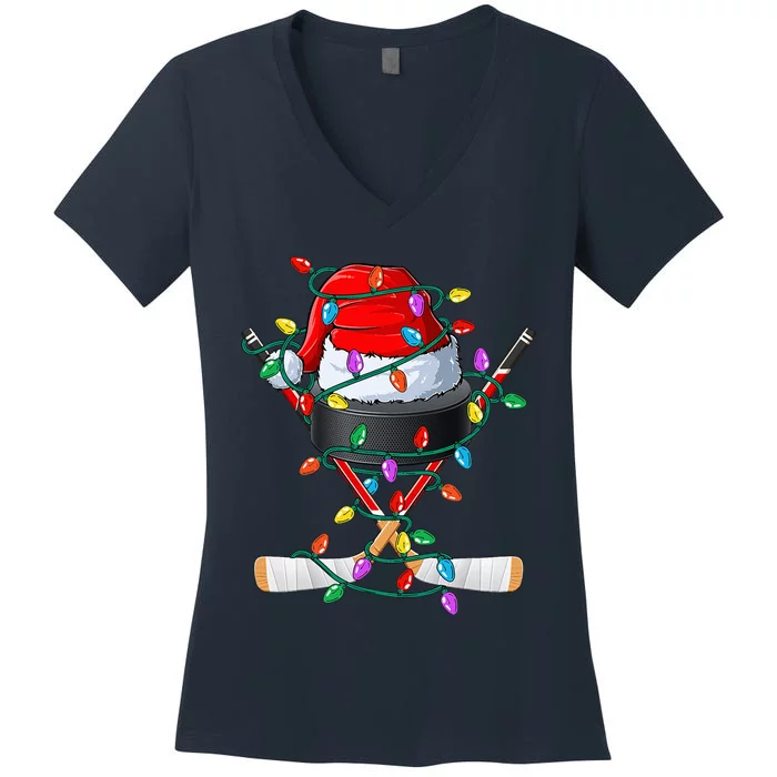 Christmas Hockey Xmas Santa Sports Hat Ball Women's V-Neck T-Shirt