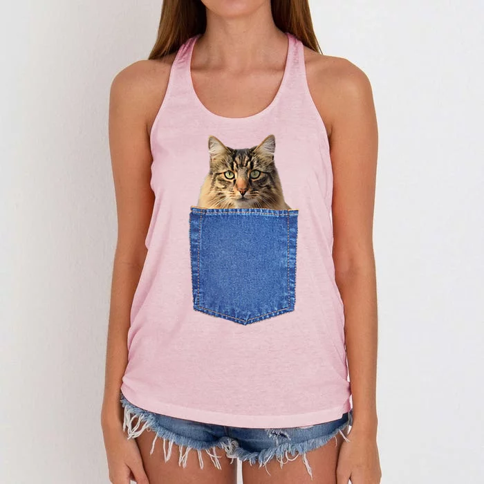 Cat In A Pocket Funny Cat Lover Mom Or Dad Gift Women's Knotted Racerback Tank