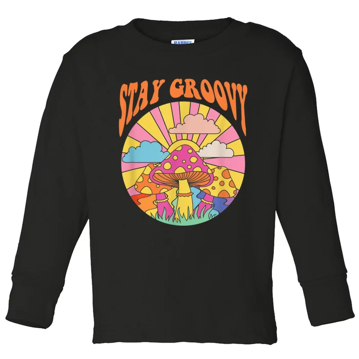 Cute Indie Aesthetic Mushroom Stay Groovy Retro 70s Hippie Toddler Long Sleeve Shirt