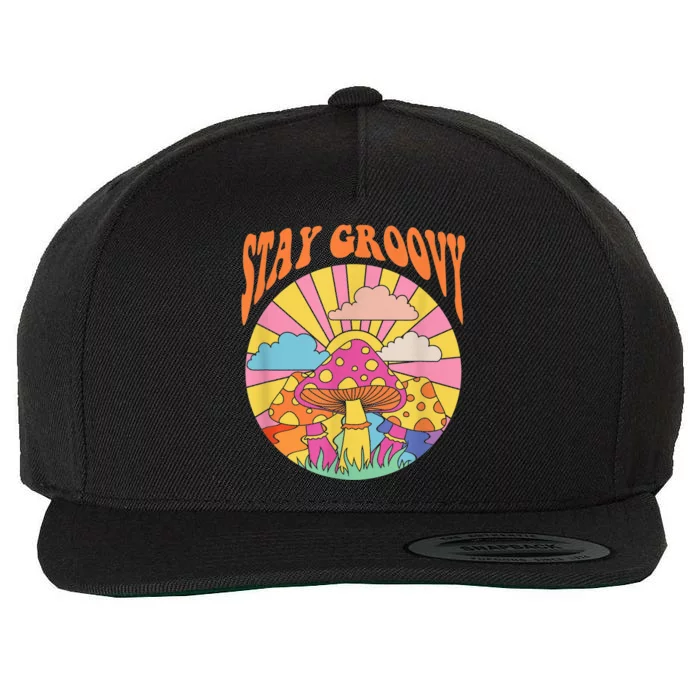 Cute Indie Aesthetic Mushroom Stay Groovy Retro 70s Hippie Wool Snapback Cap