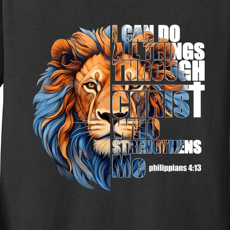 Christian I Can Do All Things Through Christ Lion Faith Kids Long Sleeve Shirt