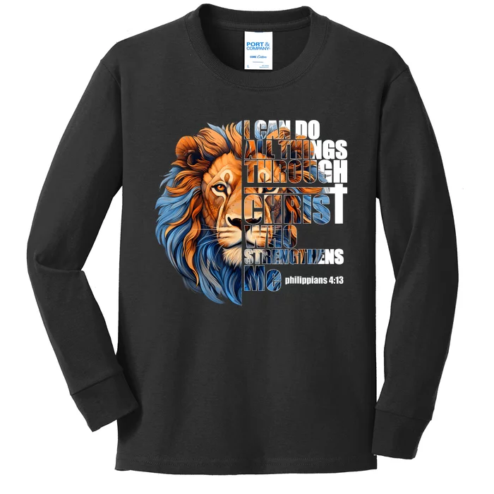 Christian I Can Do All Things Through Christ Lion Faith Kids Long Sleeve Shirt