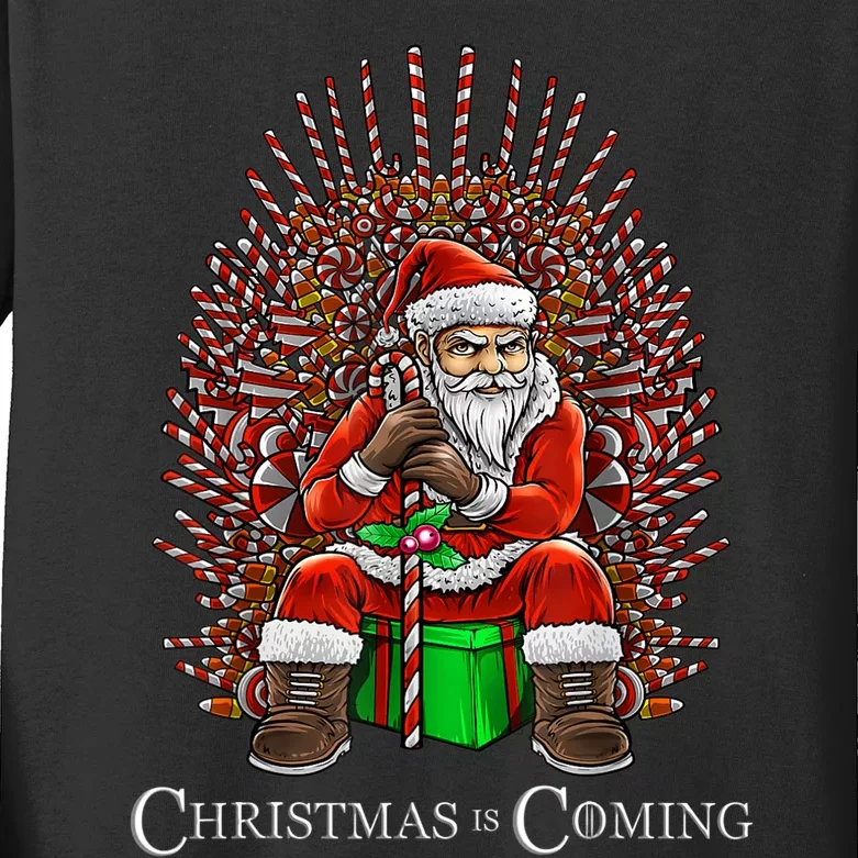 Christmas Is Coming Santa Sitting On Throne Funny Christmas TShirt Kids Long Sleeve Shirt