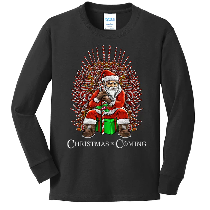 Christmas Is Coming Santa Sitting On Throne Funny Christmas TShirt Kids Long Sleeve Shirt