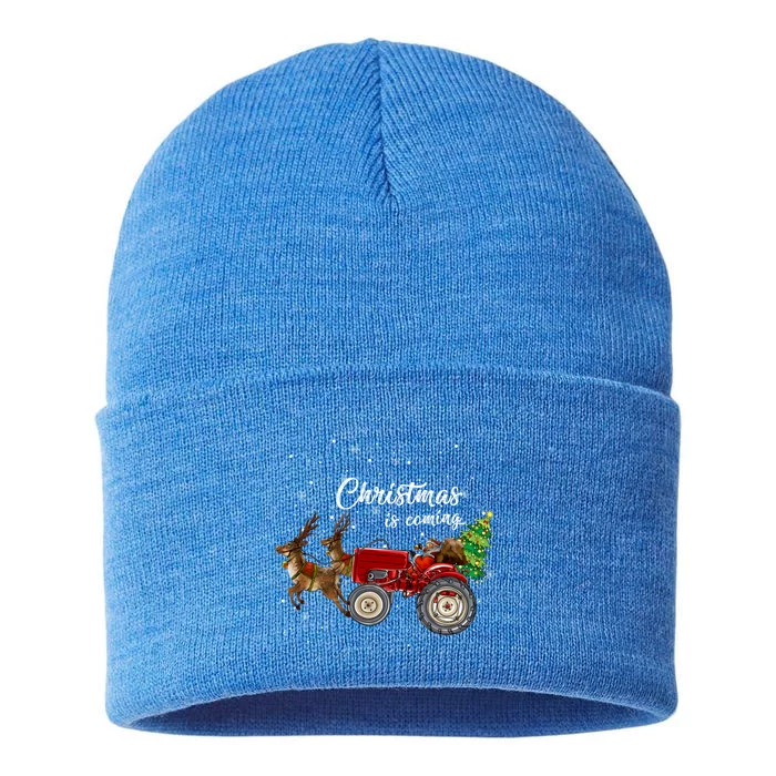 Christmas Is Coming Funny Farmer Santa Claus Tractor Funny Gift Sustainable Knit Beanie