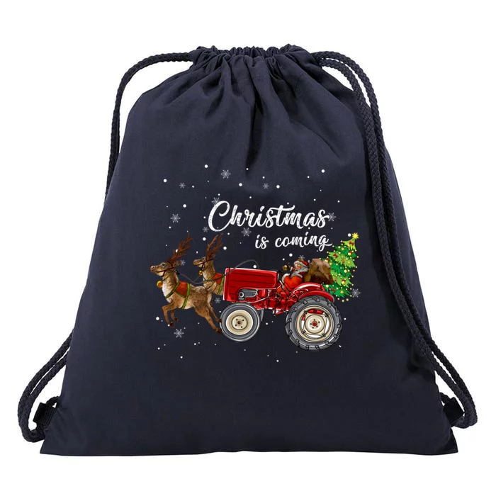 Christmas Is Coming Funny Farmer Santa Claus Tractor Funny Gift Drawstring Bag