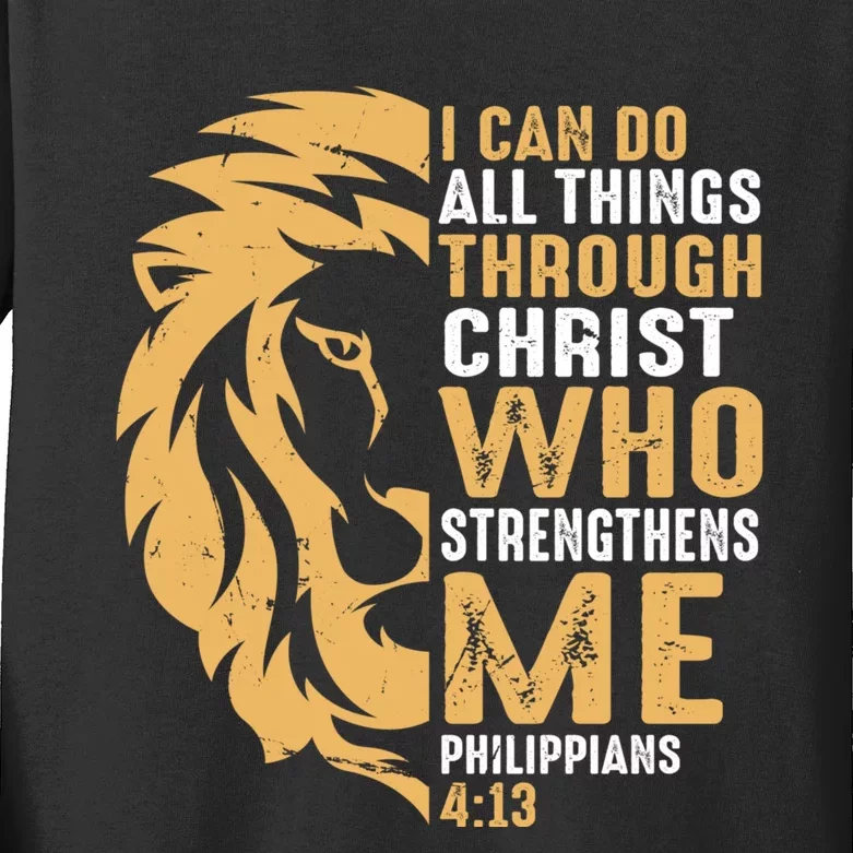 Christian I Can Do All Things Through Christ Lion Faith Kids Long Sleeve Shirt