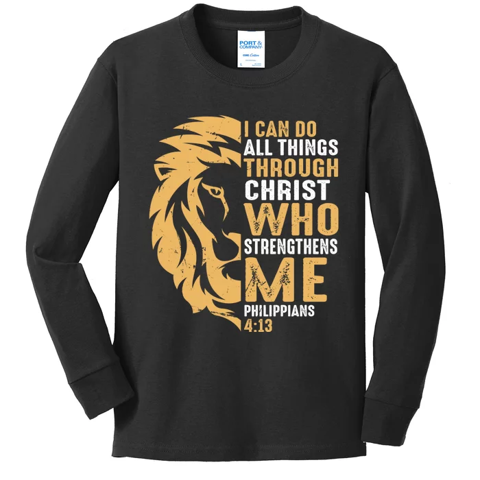 Christian I Can Do All Things Through Christ Lion Faith Kids Long Sleeve Shirt