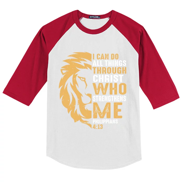 Christian I Can Do All Things Through Christ Lion Faith Kids Colorblock Raglan Jersey