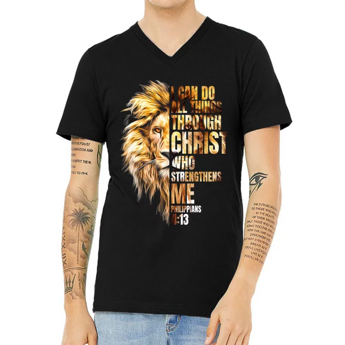 Christian I Can Do All Things Through Christ Lion Faith V-Neck T-Shirt