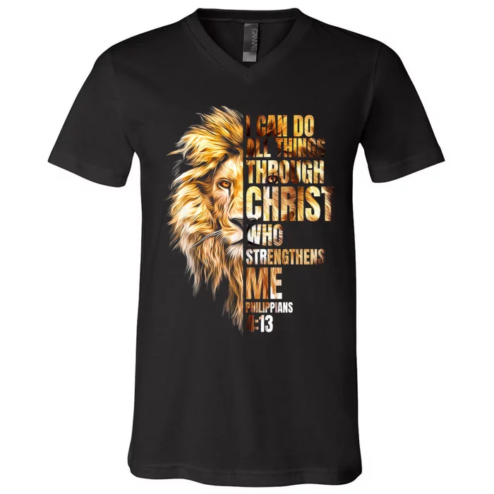 Christian I Can Do All Things Through Christ Lion Faith V-Neck T-Shirt