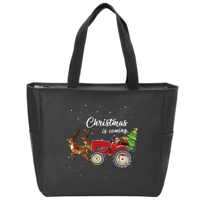 Christmas Is Coming Funny Farmer Santa Claus Tractor Gifts Zip Tote Bag