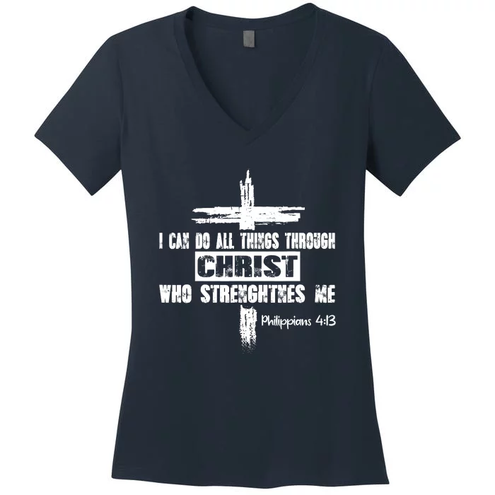 Christian I Can Do All Things Through Cross Jesus Religious Women's V-Neck T-Shirt