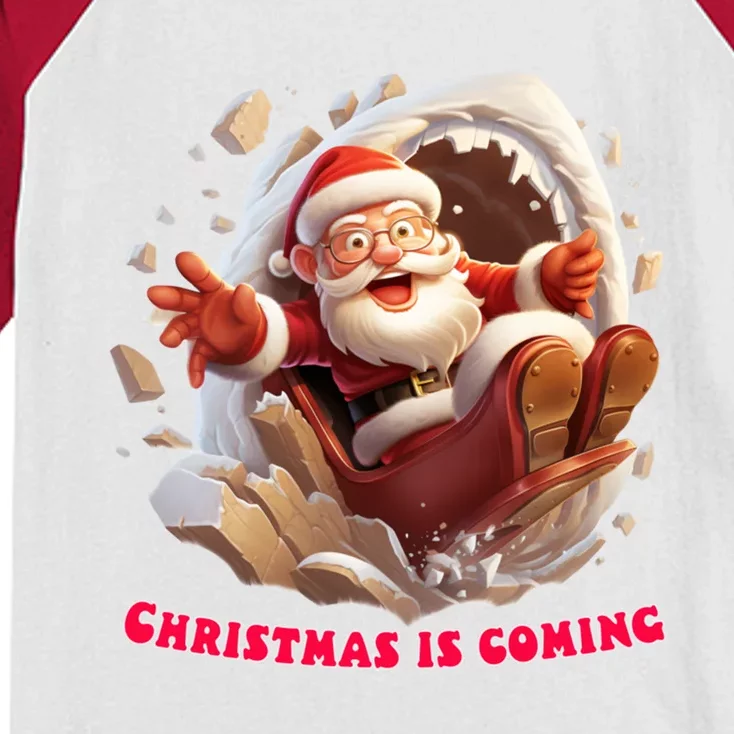 Christmas Is Coming Funny Santa Claus Is Coming To Town Art Gift Kids Colorblock Raglan Jersey