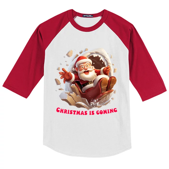 Christmas Is Coming Funny Santa Claus Is Coming To Town Art Gift Kids Colorblock Raglan Jersey