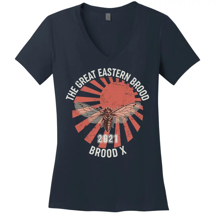 Cicadas The Great Eastern Brood X 2021 Vintage Japanese Sunburst Women's V-Neck T-Shirt