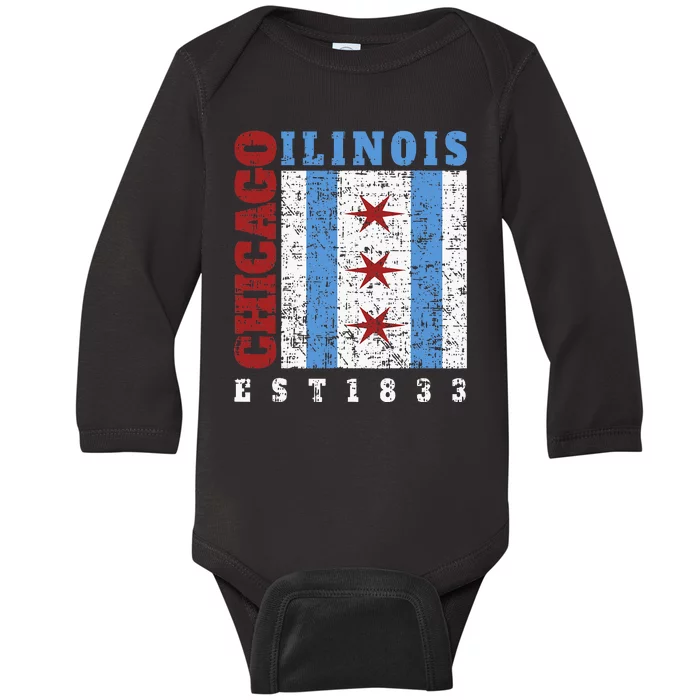 Chicago Illinois Est. 1833 Chicago Flag Souvenir Baby Long Sleeve Bodysuit