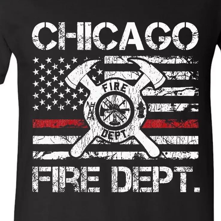 Chicago Illinois Fire Department Thin Red Line Fireman V-Neck T-Shirt