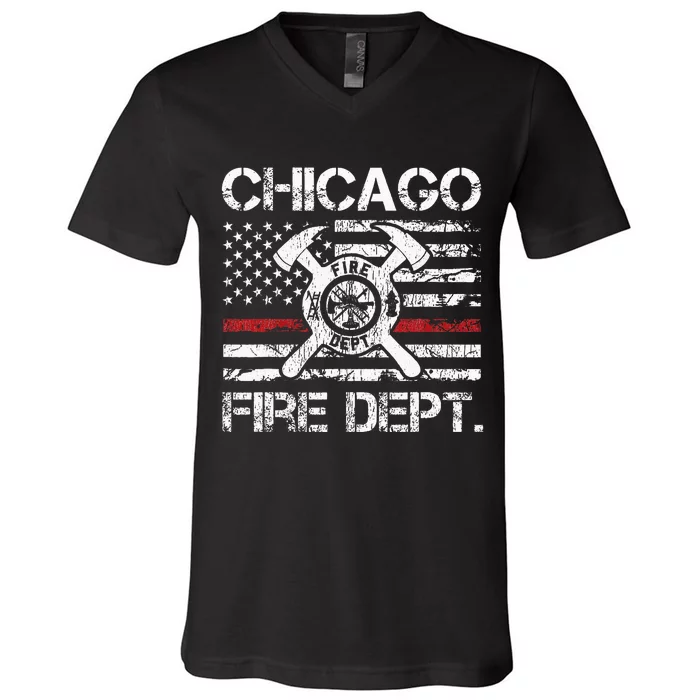 Chicago Illinois Fire Department Thin Red Line Fireman V-Neck T-Shirt