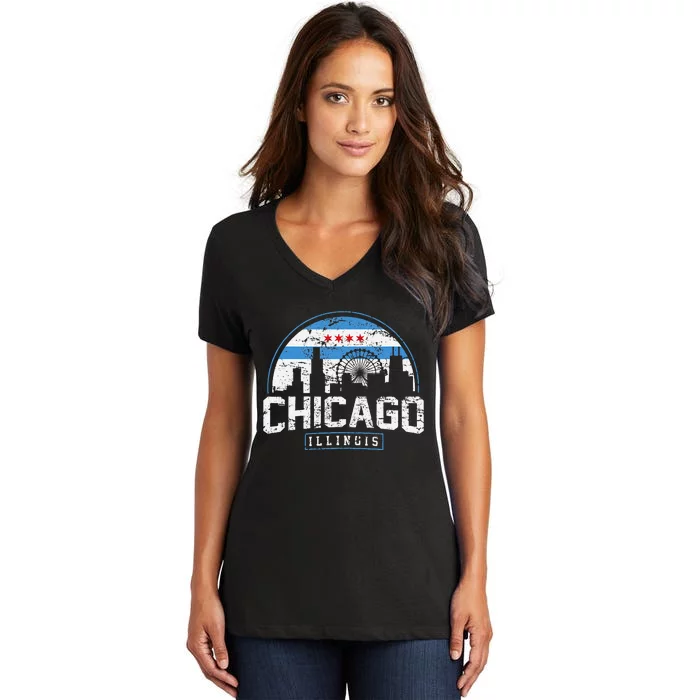 Chicago Illinois Flag Vintage Skyline Women's V-Neck T-Shirt