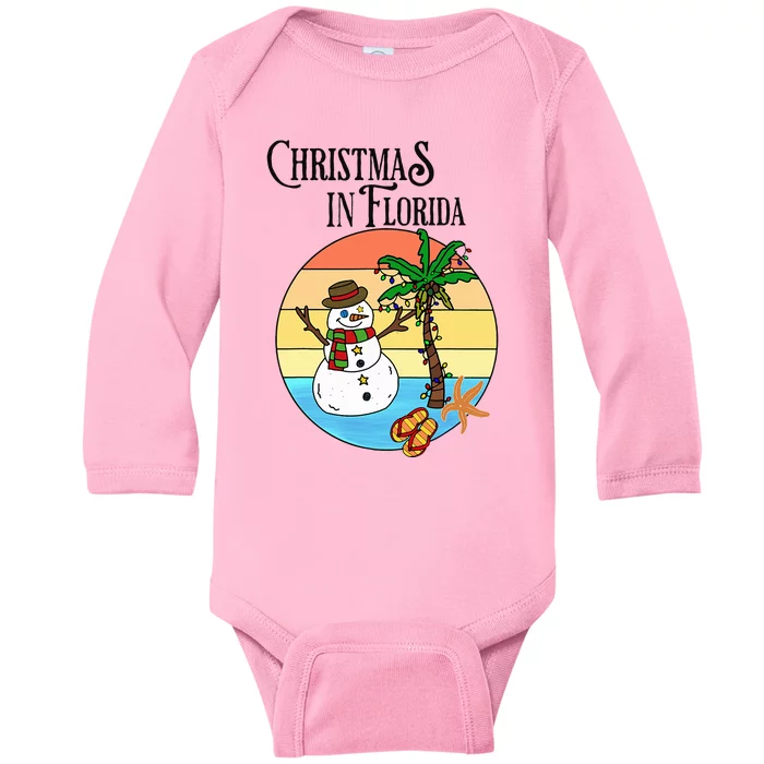 Christmas in Florida Snowman Palm Tree Sunset Beachy Baby Long Sleeve Bodysuit