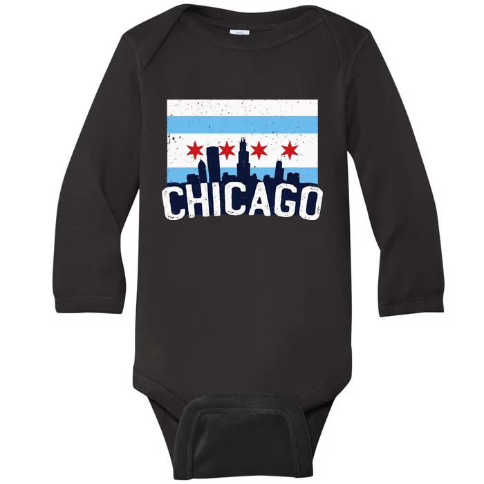 Chicago Illinois Flag City Skyline Chi Town Pride City Flag Baby Long Sleeve Bodysuit