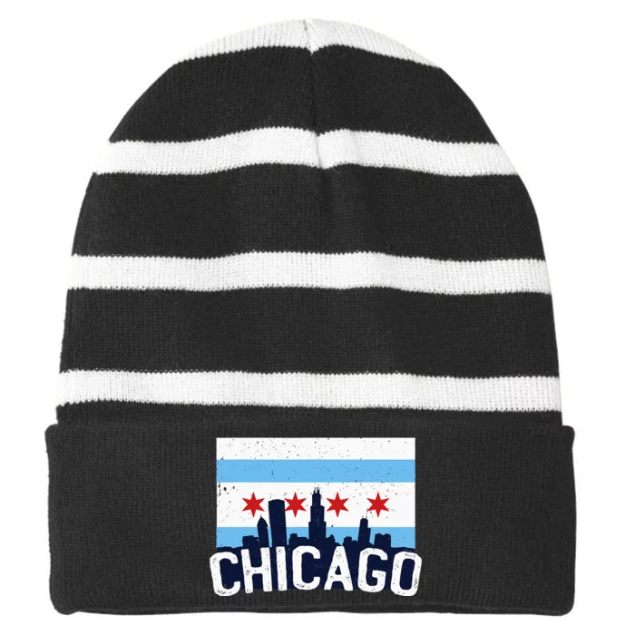 Chicago Illinois Flag City Skyline Chi Town Pride City Flag Striped Beanie with Solid Band