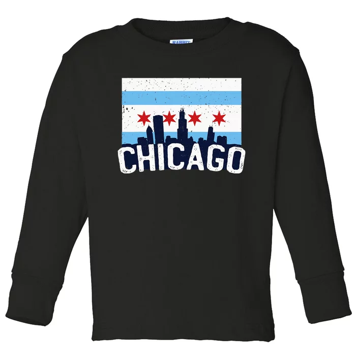 Chicago Illinois Flag City Skyline Chi Town Pride City Flag Toddler Long Sleeve Shirt