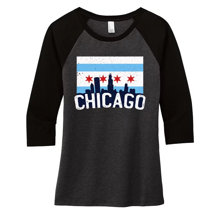 Chicago Illinois Flag City Skyline Chi Town Pride City Flag Women's Tri-Blend 3/4-Sleeve Raglan Shirt