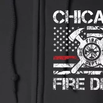 Chicago Illinois Fire Department Thin Red Line Fireman Full Zip Hoodie