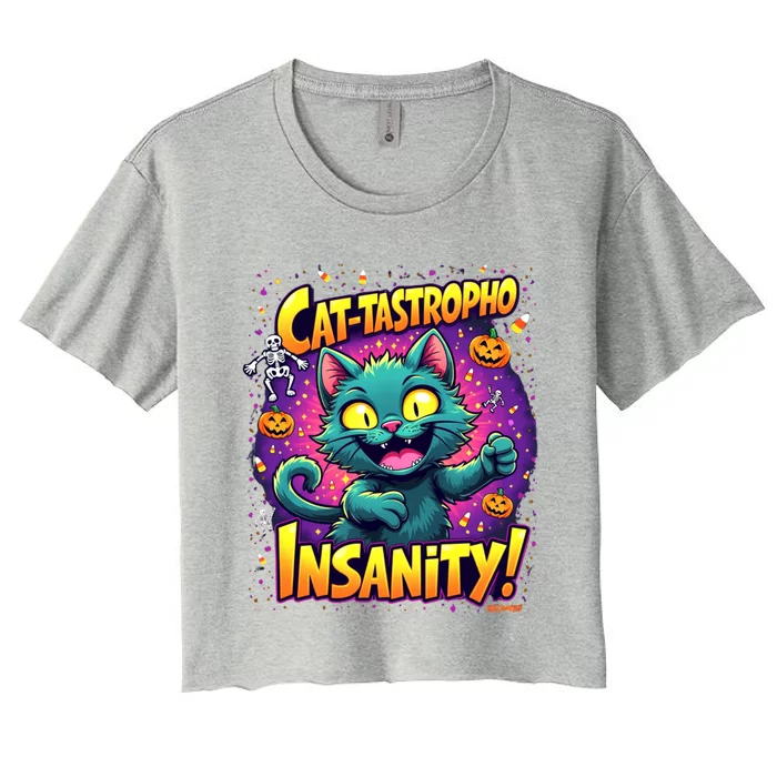 Cattastropho Insanity Funny Halloween Cat Party Costume Funny Gift Women's Crop Top Tee