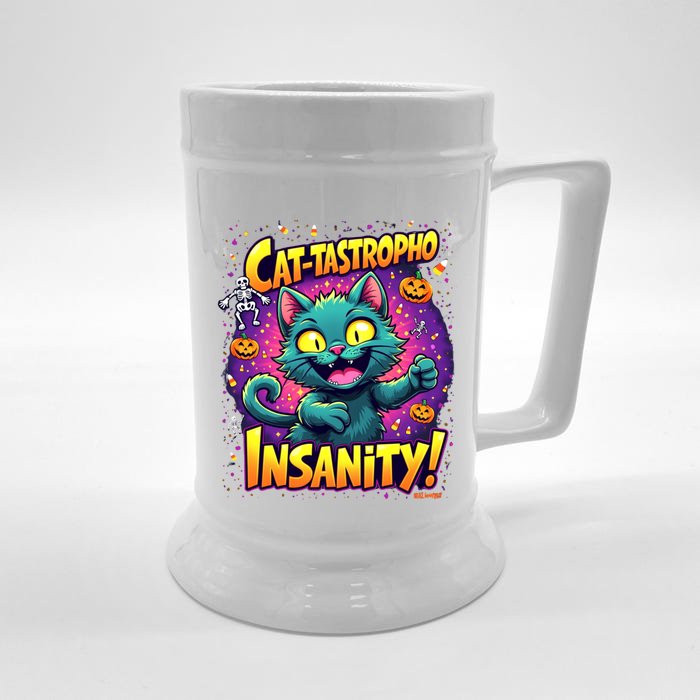 Cattastropho Insanity Funny Halloween Cat Party Costume Funny Gift Front & Back Beer Stein