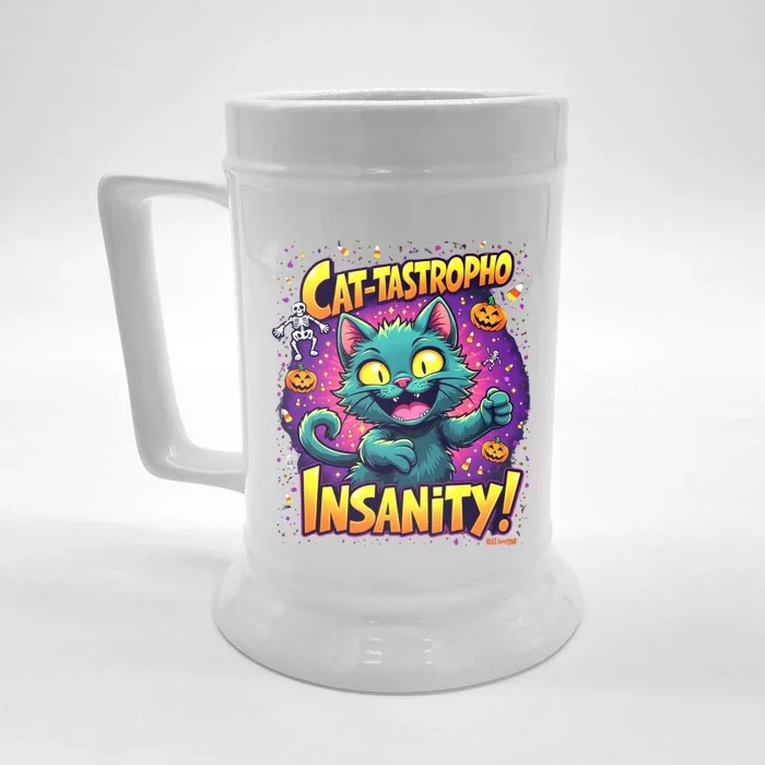 Cattastropho Insanity Funny Halloween Cat Party Costume Funny Gift Front & Back Beer Stein