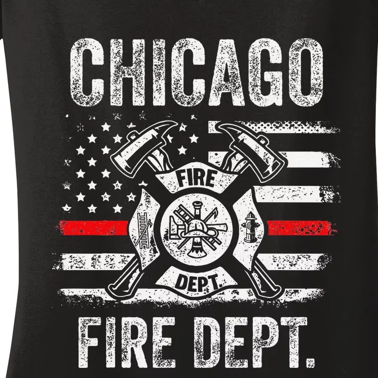 Chicago Illinois Fire Department Thin Red Line Fireman Women's V-Neck T-Shirt