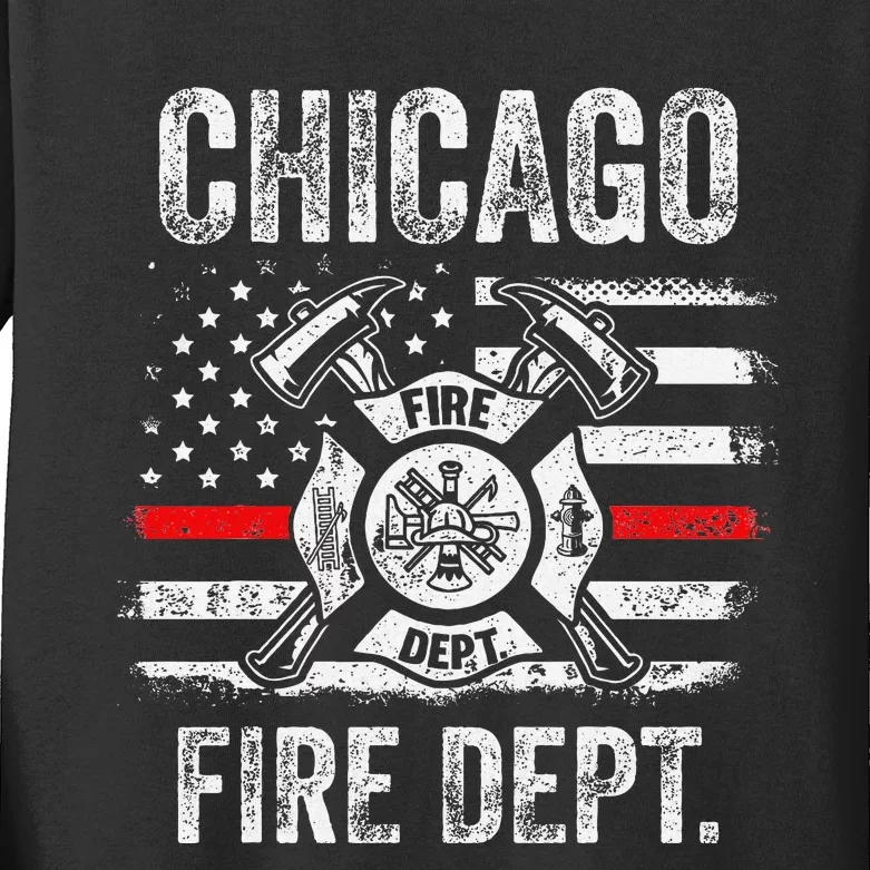 Chicago Illinois Fire Department Thin Red Line Fireman Kids Long Sleeve Shirt