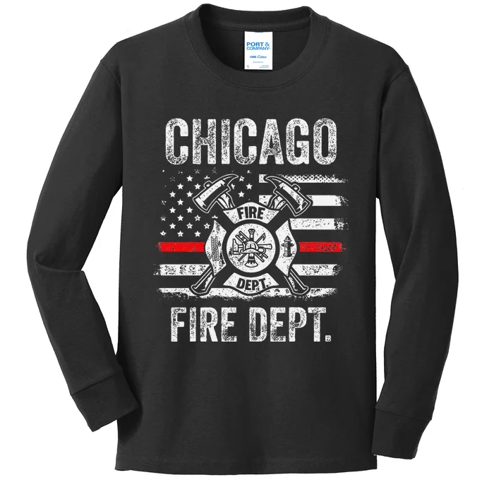 Chicago Illinois Fire Department Thin Red Line Fireman Kids Long Sleeve Shirt