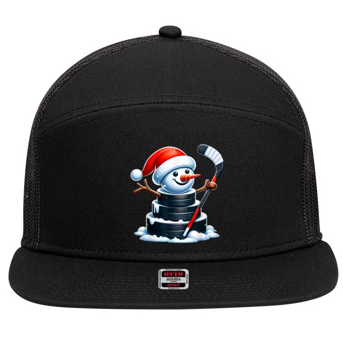 Cartoon Ice Hockey Puck Snowman With Santa Hat Christmas 7 Panel Mesh Trucker Snapback Hat